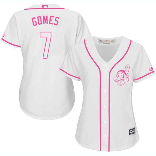 Indians #7 Yan Gomes White/Pink Fashion Women's Stitched MLB Jersey - Click Image to Close